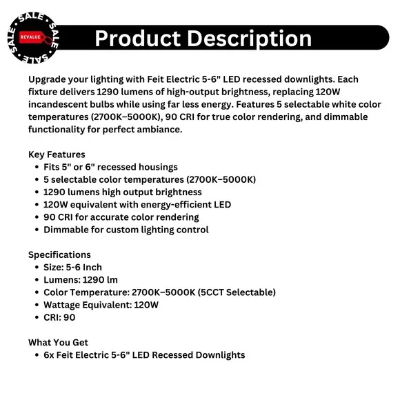 Feit‎ Electric 5-6 LED 5CCT Downlight 120W Eqv 1290LM Dimmable 6 Pack